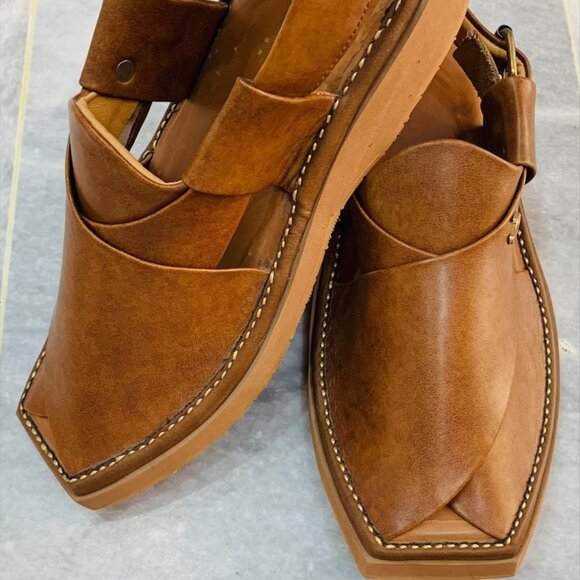Pure Leather Handmade Footwear, Handcrafted Shine Brown Peshawari Chappal main image 8